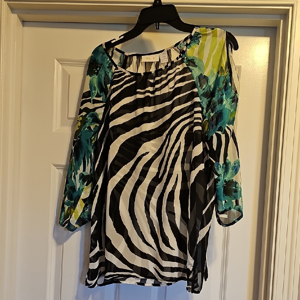 Chico's Black and White Zebra Print Blouse with Green Accents